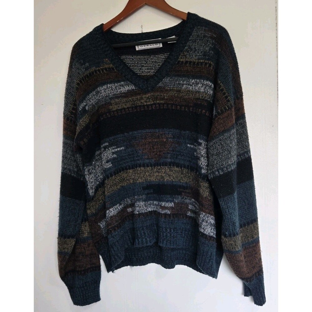 VTG Michael Gerald Sweater Womens 1X Acrylic V Neck Knit 3D Print Cosby Grandma